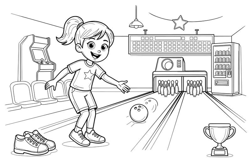 A woman rolling a bowling ball down the lane toward the pins – Fun & Leisure Place coloring page