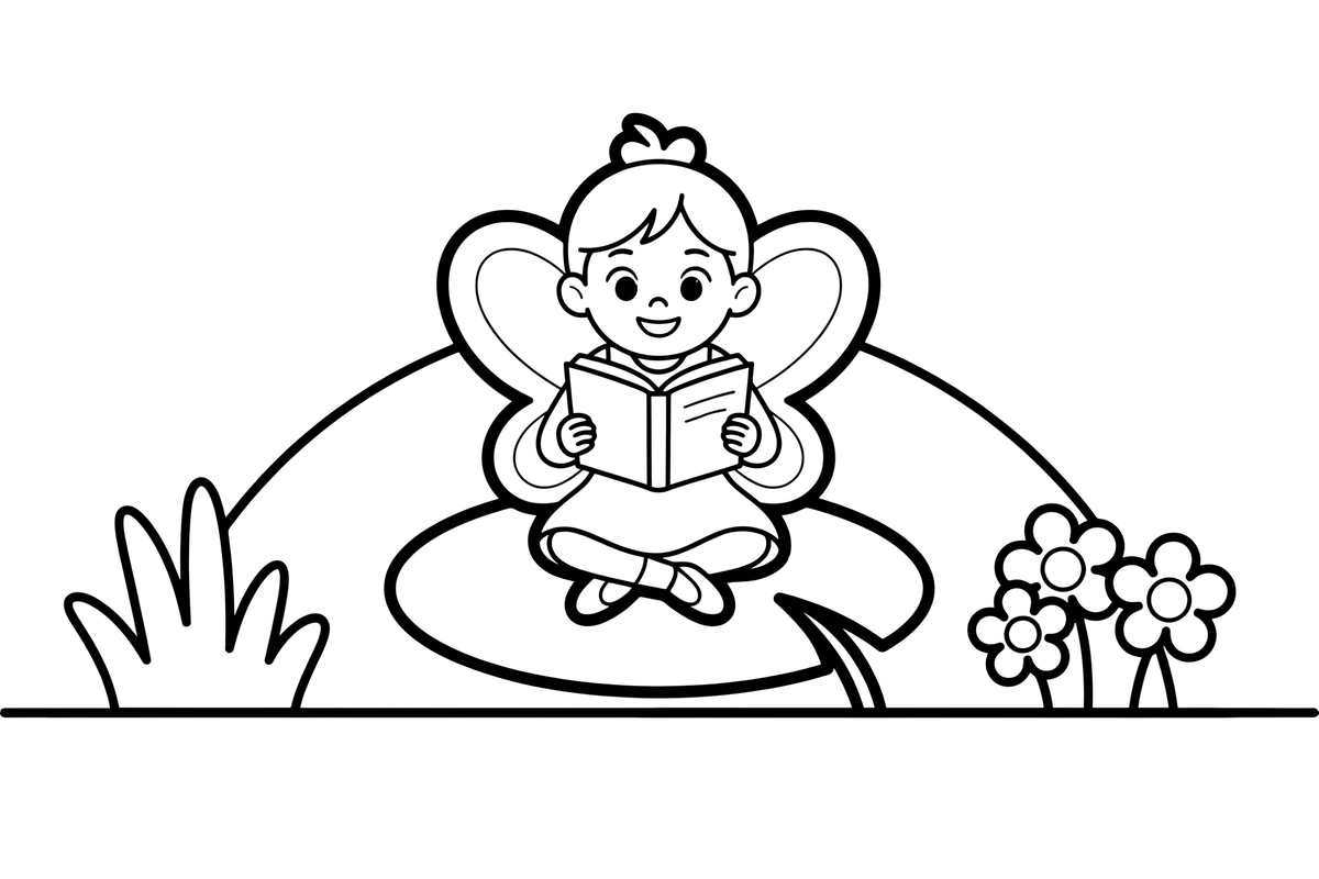 A fairy reading a book on a big leaf – Dancing Fairy Fairies coloring page