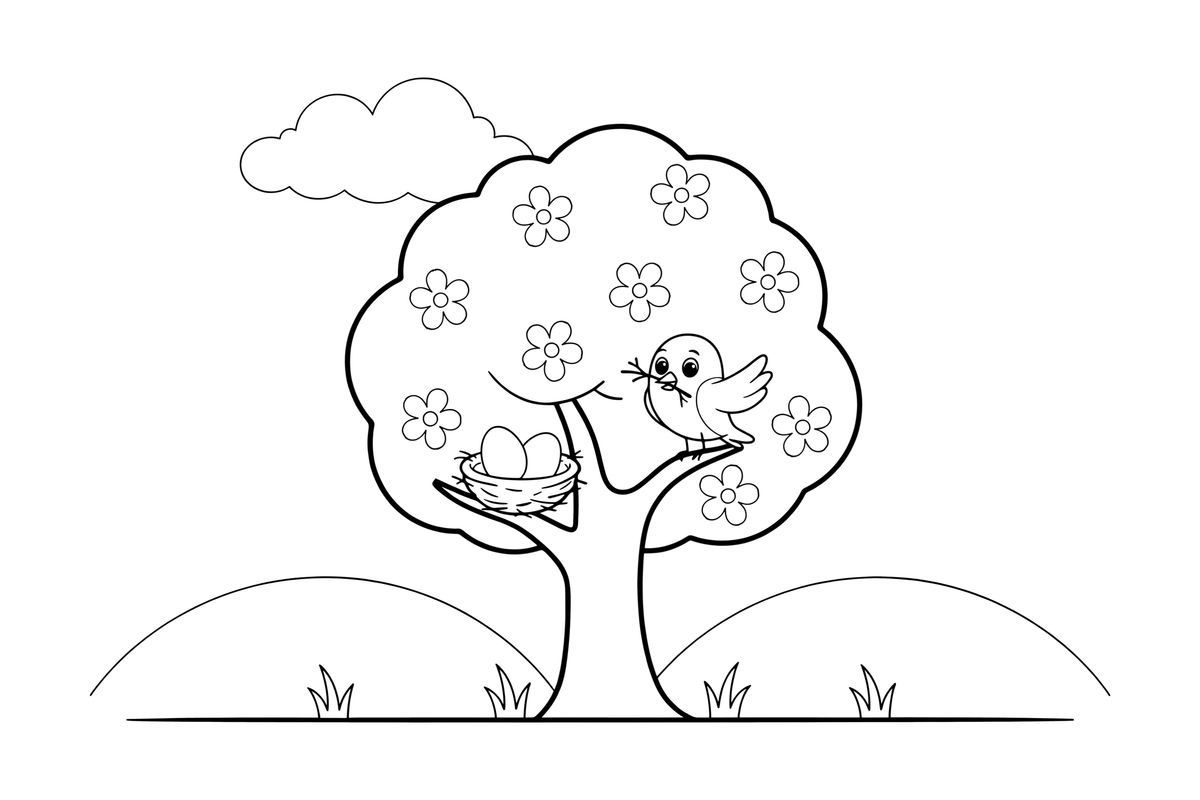 A tree full of blossoms with a bird building a nest – Four Seasons coloring page