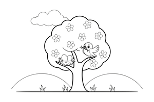 A tree full of blossoms with a bird building a nest – Four Seasons coloring page
