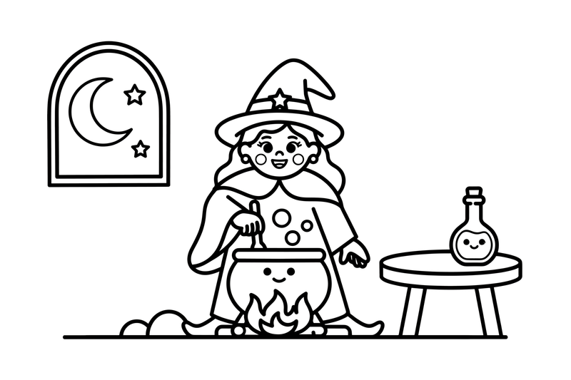 A witch mixing a potion – Witch coloring page
