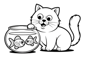 Persian Cat pawing at goldfish in a bowl – Persian Cat Mischievous Antics coloring page