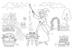 Fairy Godmother sprinkling magic dust over shoes – Fairy Godmother Fairy Scenes coloring page