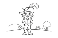 A clever cat standing on two legs wearing tall boots and a feathered hat – Puss in Boots Story coloring page