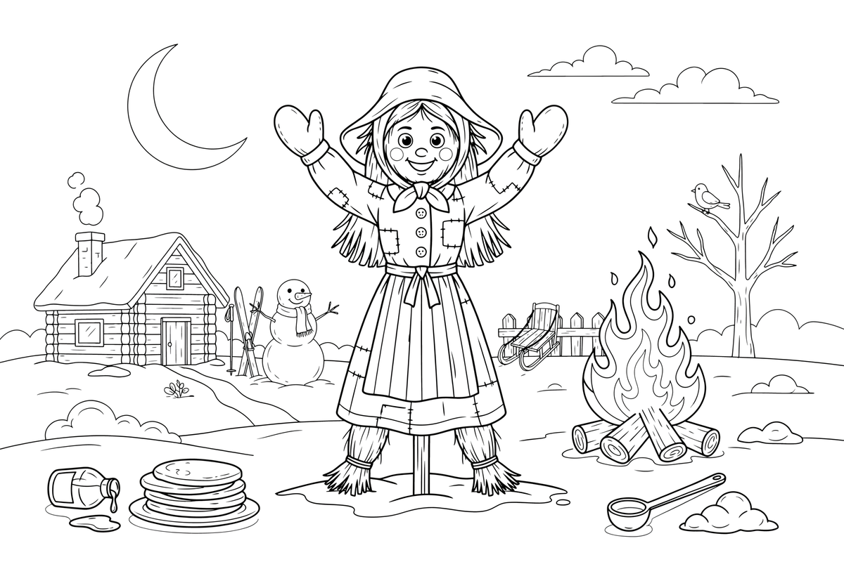 A big straw woman effigy on a pole next to a large bonfire in the snow – Pancake Day Winter Treat coloring page