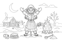 A big straw woman effigy on a pole next to a large bonfire in the snow – Pancake Day Winter Treat coloring page