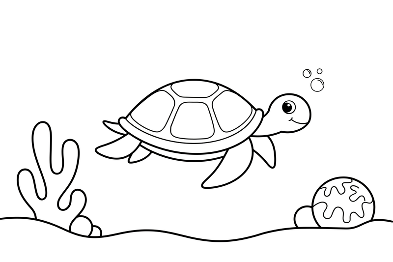A sea turtle swimming past a coral reef – Gentle Sea Turtle coloring page