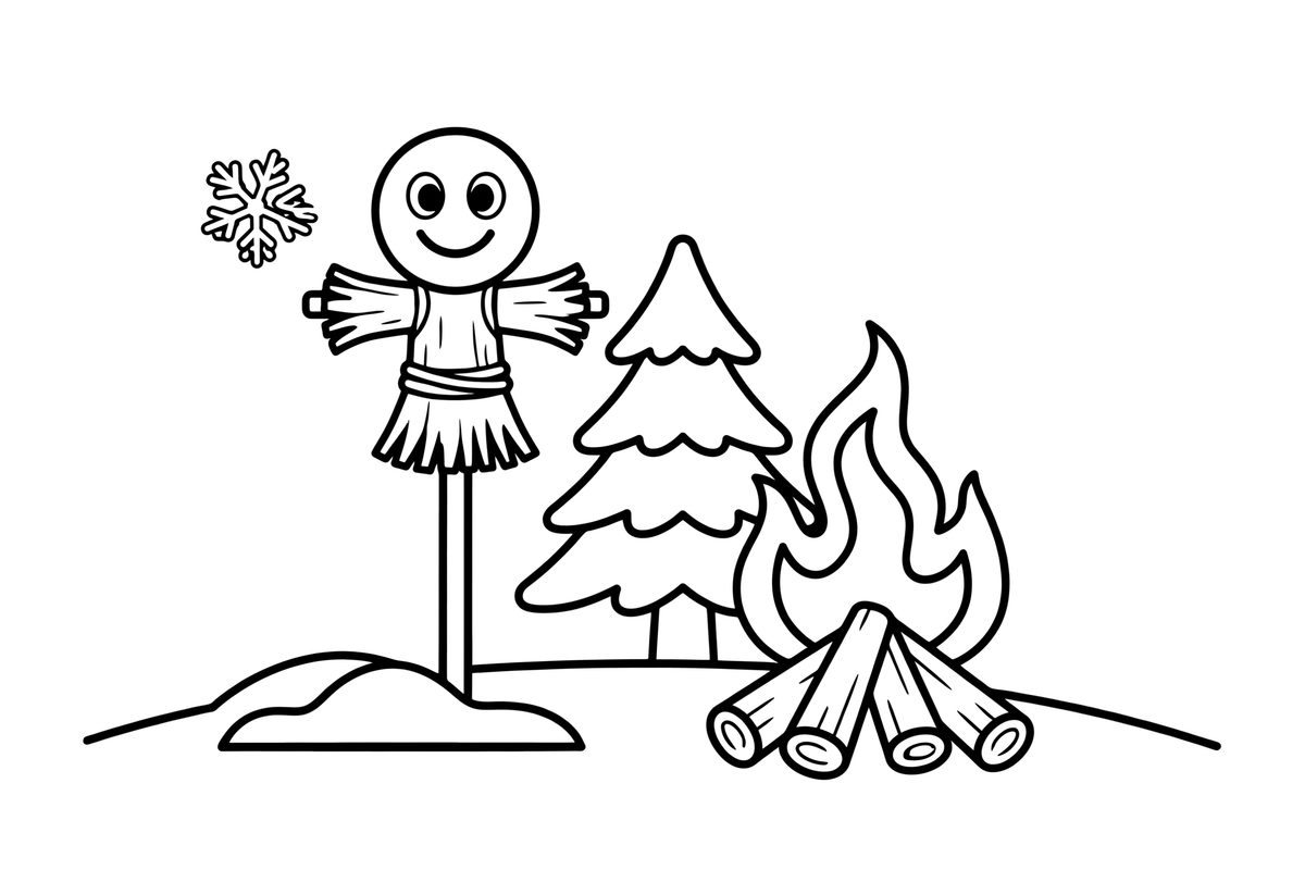 A big straw woman effigy on a pole next to a large bonfire in the snow – Pancake Day Winter Treat coloring page