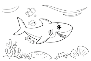 A big smiling shark filling the scene, swimming over a coral reef full of little fish – Curious Shark coloring page
