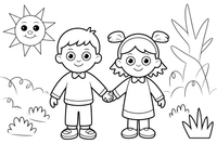 Two children, a brother and a sister, holding hands in the forest – Hansel and Gretel Story coloring page