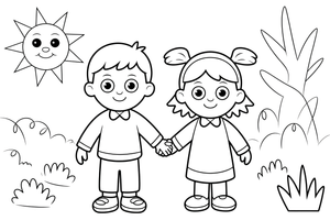 Two children, a brother and a sister, holding hands in the forest – Hansel and Gretel Story coloring page