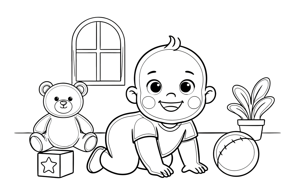 A happy baby crawling on the floor – Baby coloring page