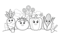 A row of different vegetables side by side: carrot, tomato, pepper and corn – Vegetables Coloring Pages Fresh Set coloring page