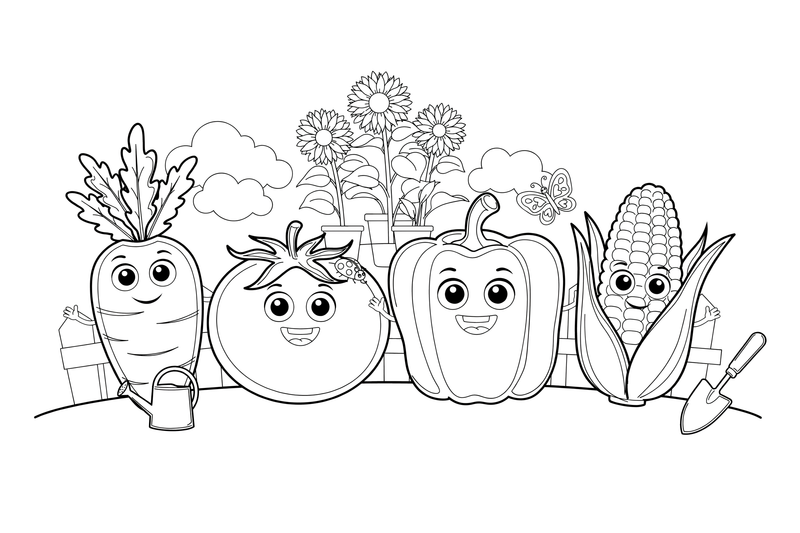 A row of different vegetables side by side: carrot, tomato, pepper and corn – Vegetables Coloring Pages Fresh Set coloring page