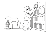 A librarian with glasses pointing to a book on a high shelf close up – Cozy Library Place coloring page
