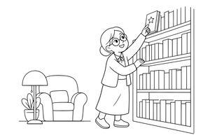 A librarian with glasses pointing to a book on a high shelf close up – Cozy Library Place coloring page