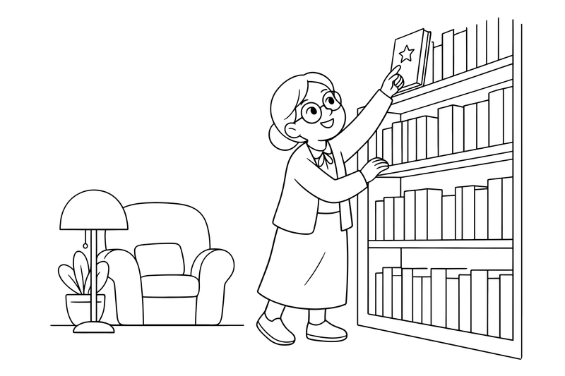 A librarian with glasses pointing to a book on a high shelf close up – Cozy Library Place coloring page