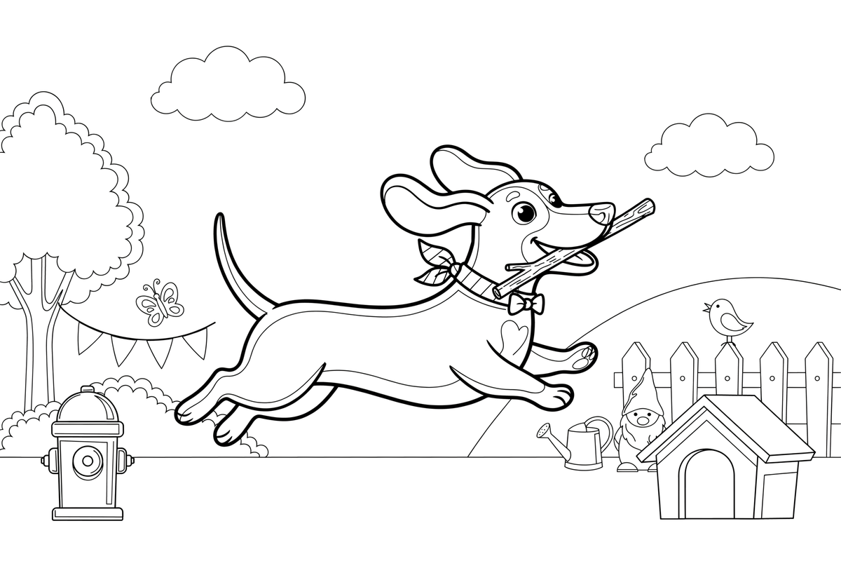 Dachshund fetching a stick – Busy Dachshund Dog coloring page