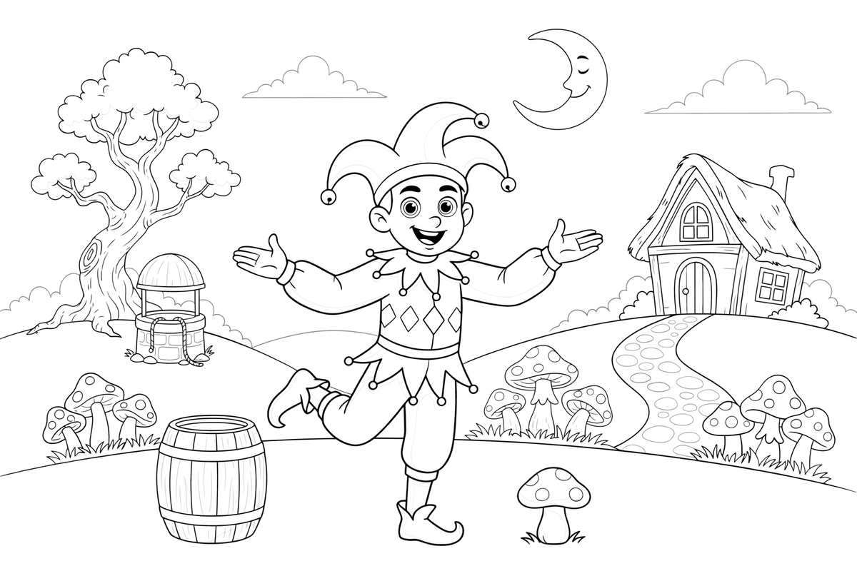 A jester balancing on one foot with a big grin – Enchanted Magic Folk Fairytale Characters coloring page