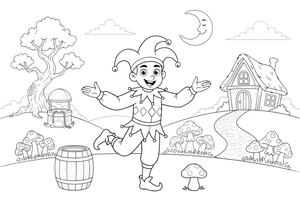 A jester balancing on one foot with a big grin – Enchanted Magic Folk Fairytale Characters coloring page