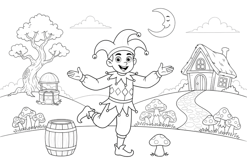 A jester balancing on one foot with a big grin – Enchanted Magic Folk Fairytale Characters coloring page