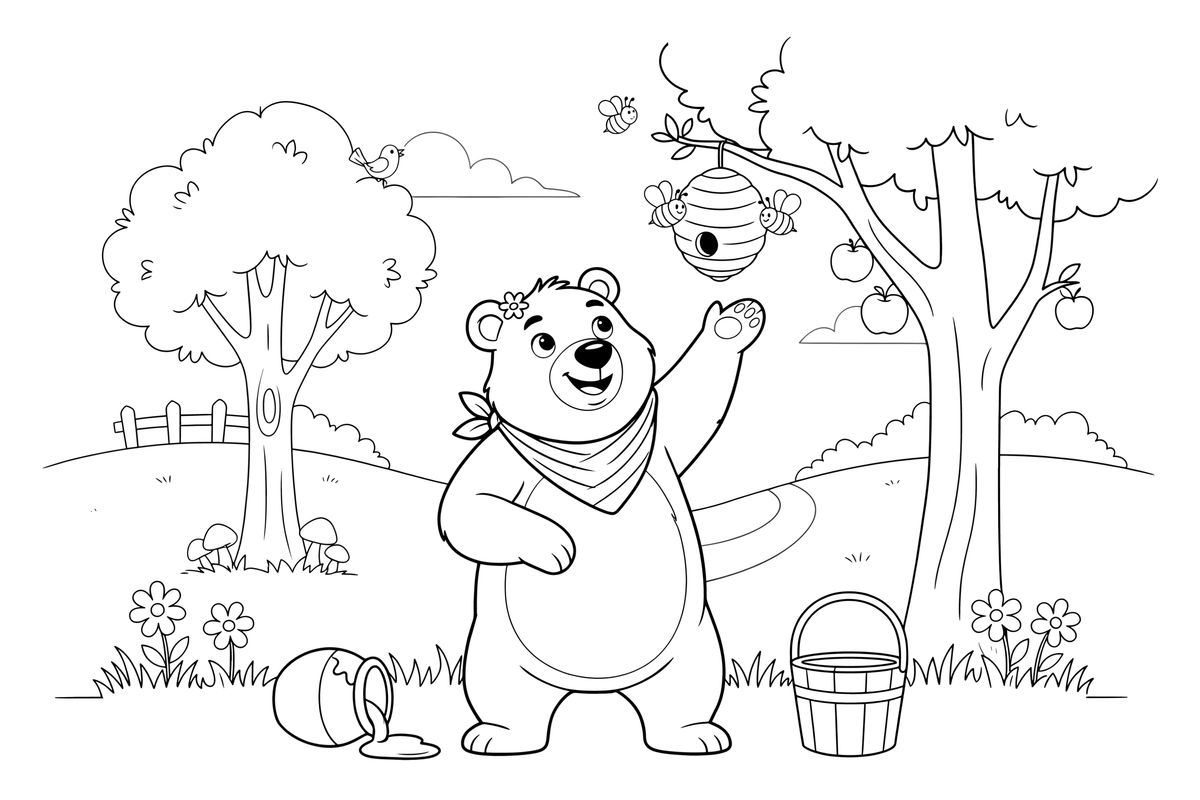 A bear reaching for honey from a beehive – Bear Adventures coloring page