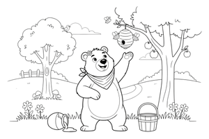 A bear reaching for honey from a beehive – Bear Adventures coloring page
