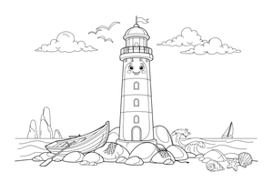 A tall lighthouse standing on a rocky shore – Lighthouse coloring page