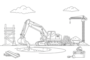 An excavator digging a big hole with its bucket – Construction Vehicles coloring page