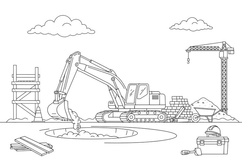 An excavator digging a big hole with its bucket – Construction Vehicles coloring page