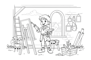 An artist holding a palette and brush – Busy Job Workers coloring page
