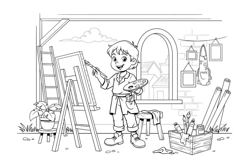 An artist holding a palette and brush – Busy Job Workers coloring page