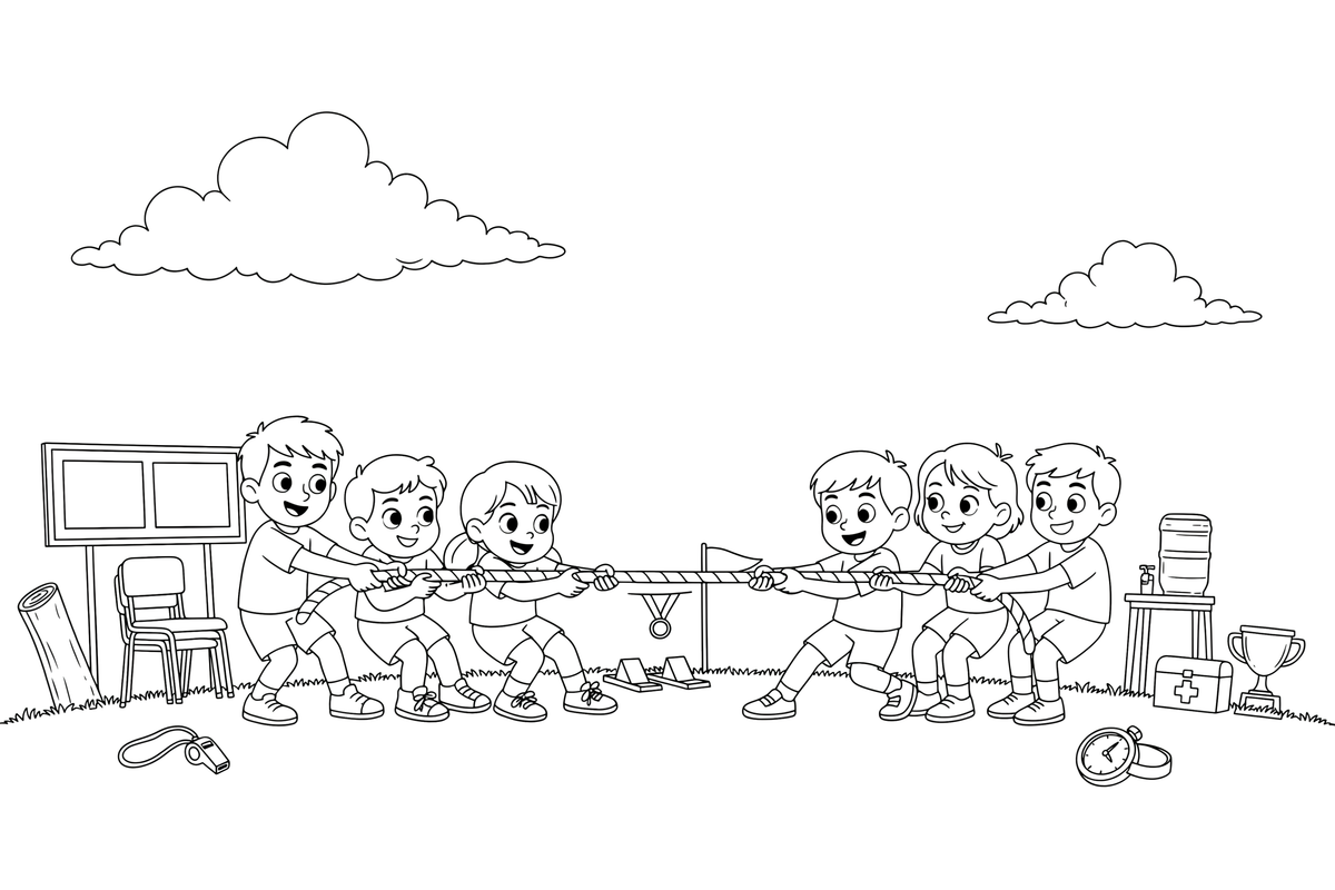 Two teams of children pulling a big rope in a tug of war – Sports Day coloring page
