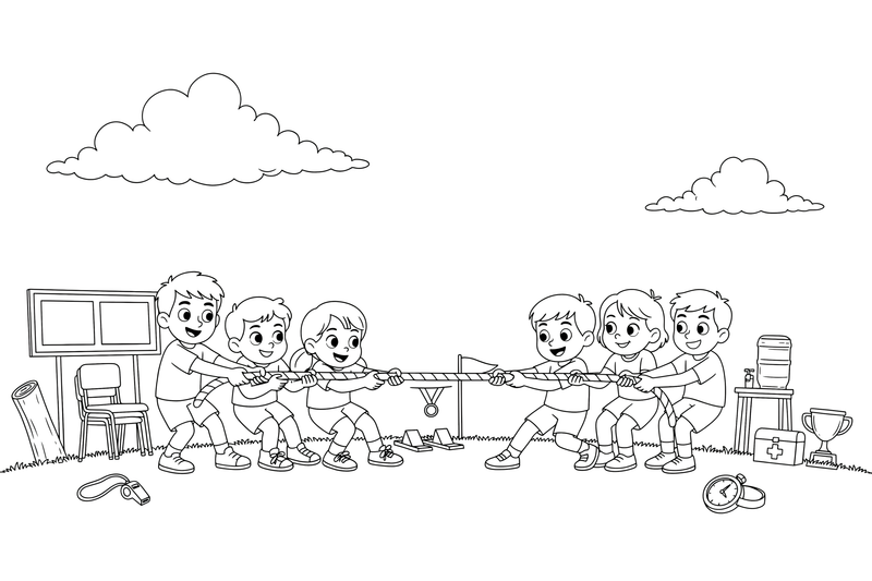 Two teams of children pulling a big rope in a tug of war – Sports Day coloring page
