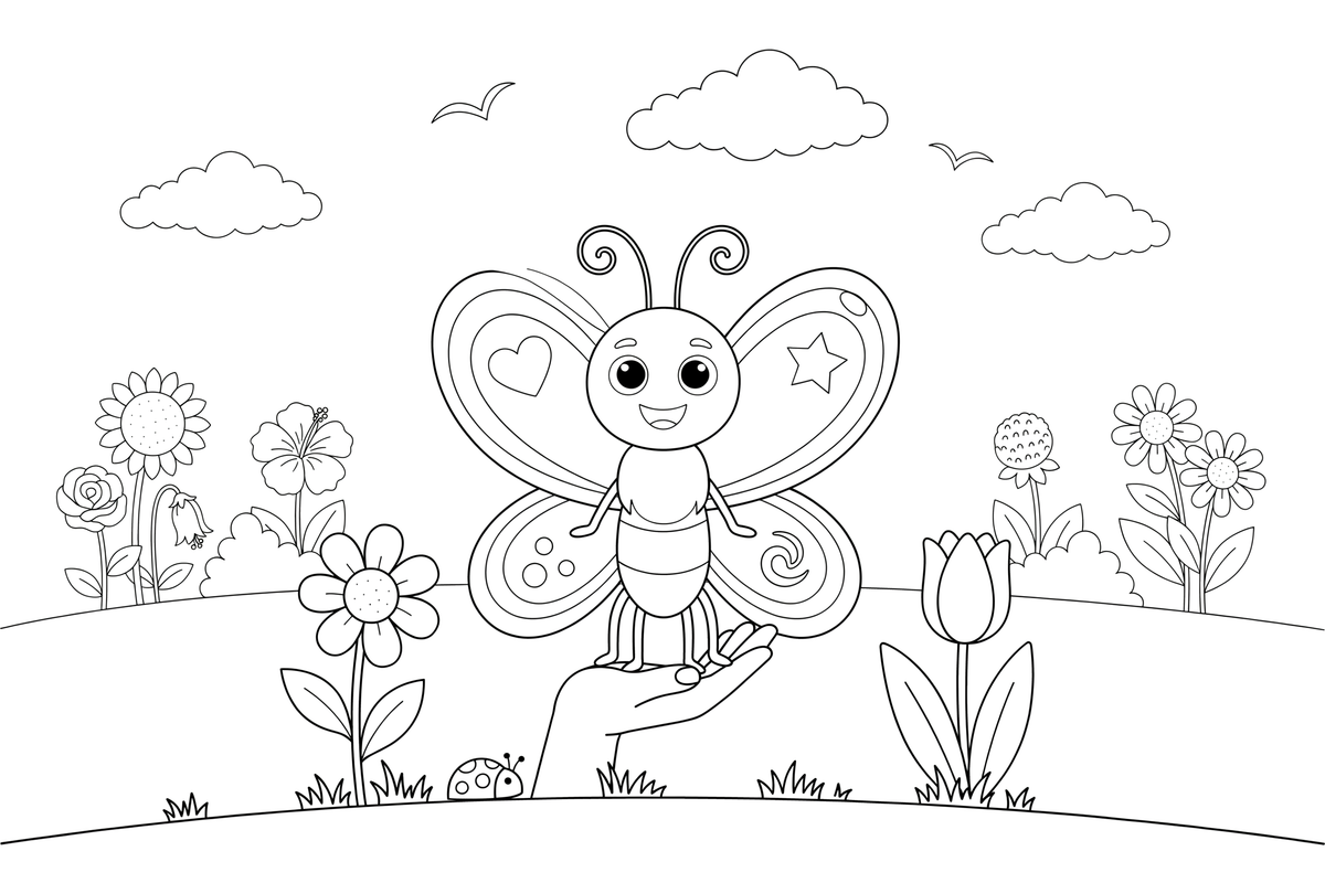 Butterfly resting on a child's hand – Butterfly In Floral Scenes coloring page