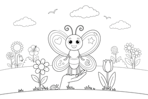 Butterfly resting on a child's hand – Butterfly In Floral Scenes coloring page
