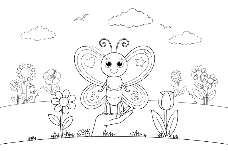 Butterfly resting on a child's hand – Butterfly In Floral Scenes coloring page