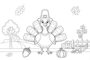 A cute turkey wearing a pilgrim hat – Thanksgiving Autumn coloring page