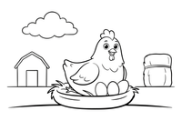A smiling hen sitting on her nest of eggs – Playful Farm Animal coloring page