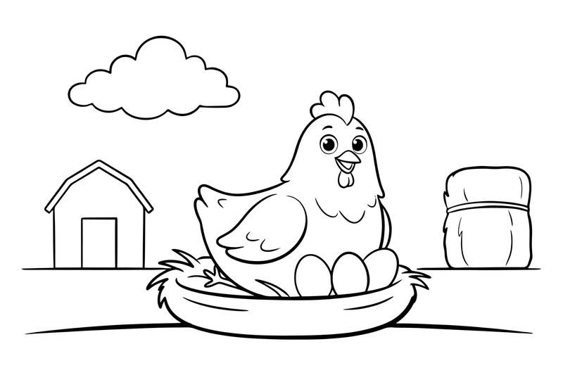 A smiling hen sitting on her nest of eggs – Playful Farm Animal coloring page