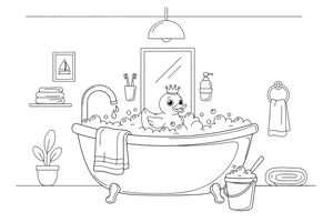 A big bathtub full of bubbles with a rubber duck on top – Bathroom Things coloring page