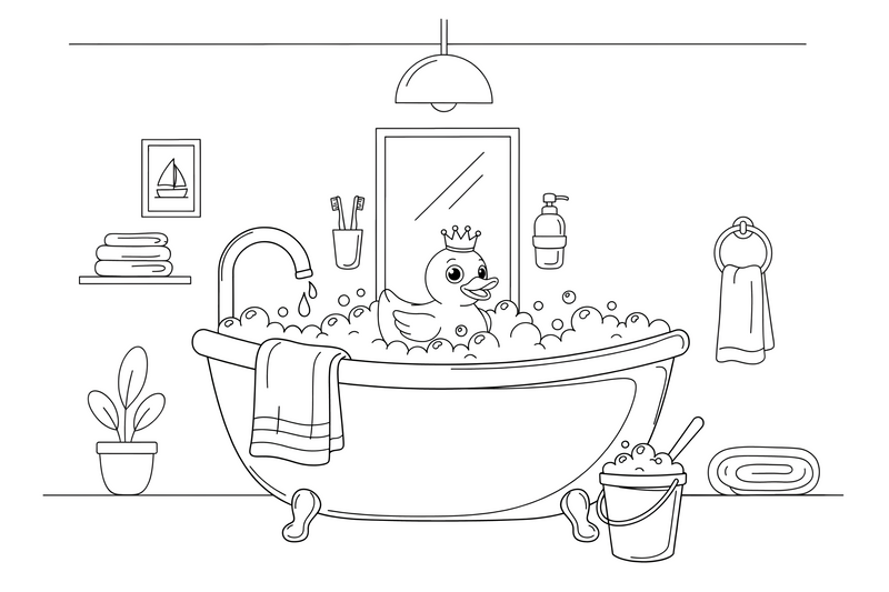 A big bathtub full of bubbles with a rubber duck on top – Bathroom Things coloring page