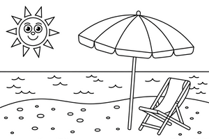 A beach umbrella and a folding chair on the sand by the sea – Sunny Beach & Seaside coloring page