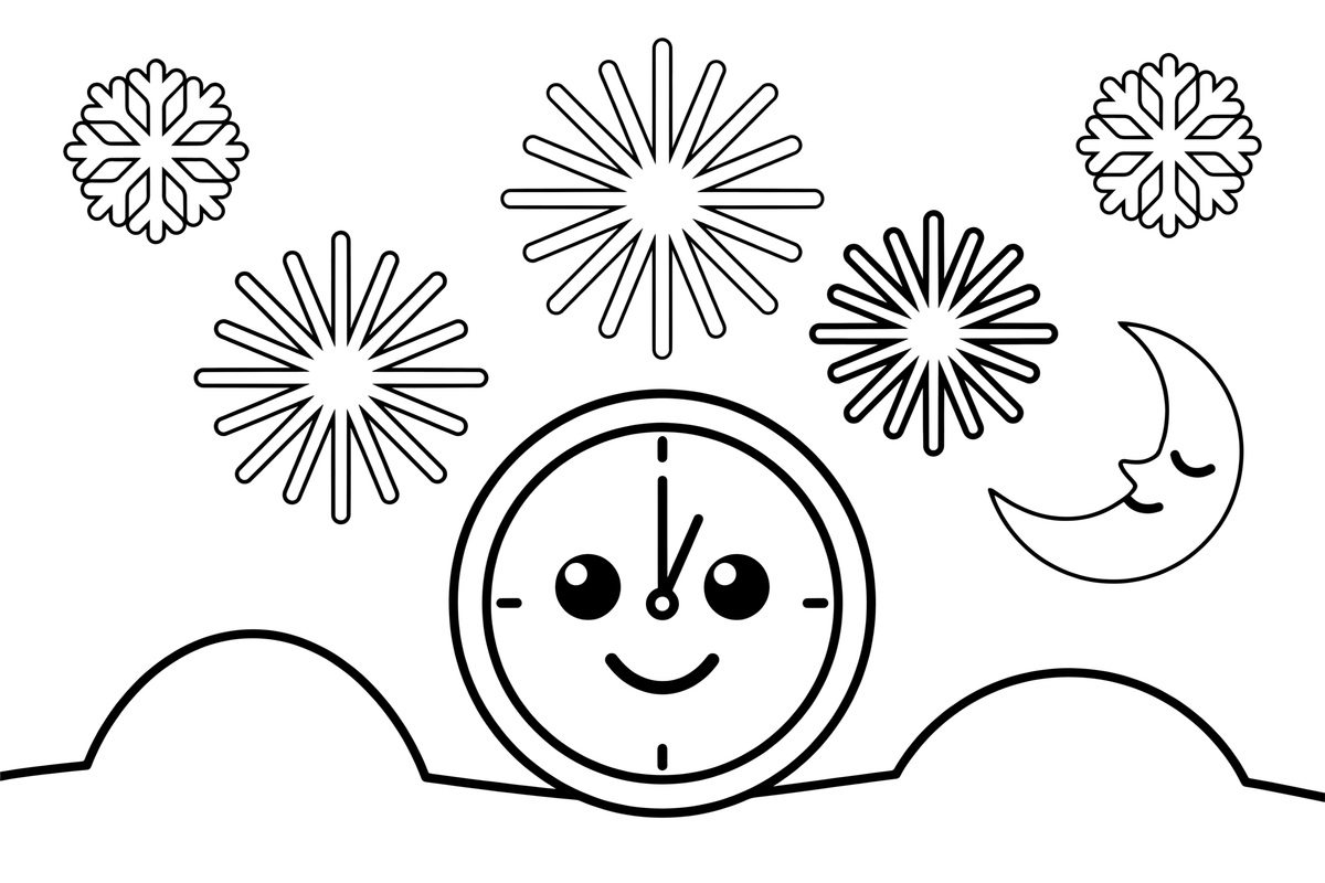 A big clock showing midnight, twelve o'clock, with fireworks around it – New Year Winter Celebration coloring page