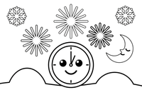 A big clock showing midnight, twelve o'clock, with fireworks around it – New Year Winter Celebration coloring page