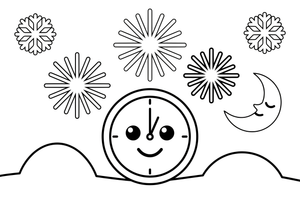 A big clock showing midnight, twelve o'clock, with fireworks around it – New Year Winter Celebration coloring page