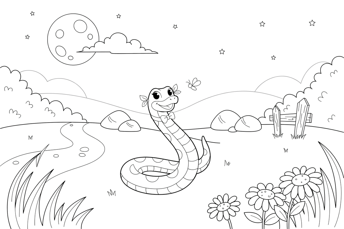 Grass Snake in Moonlight – Enchanted Grass Snake coloring page