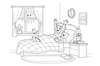 A child waking up and stretching in bed as the sun rises – Daily Routine Activities coloring page