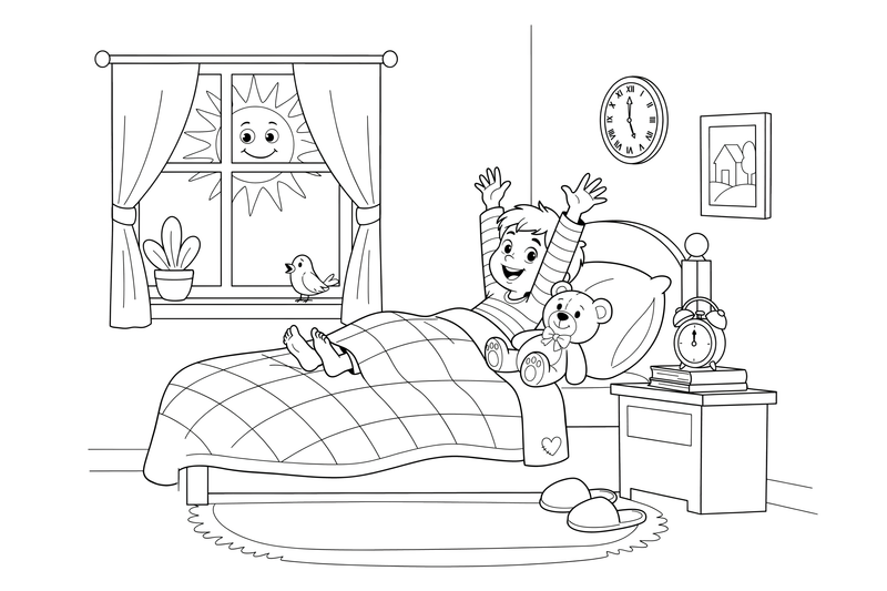 A child waking up and stretching in bed as the sun rises – Daily Routine Activities coloring page