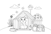 A pet rabbit sitting in its hutch – Rabbit coloring page